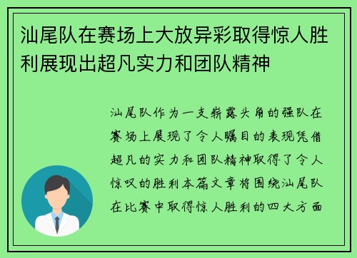 汕尾队在赛场上大放异彩取得惊人胜利展现出超凡实力和团队精神