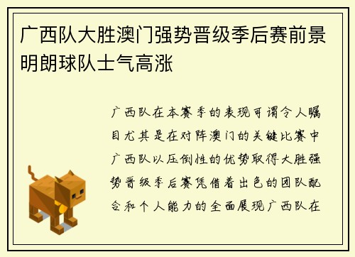 广西队大胜澳门强势晋级季后赛前景明朗球队士气高涨