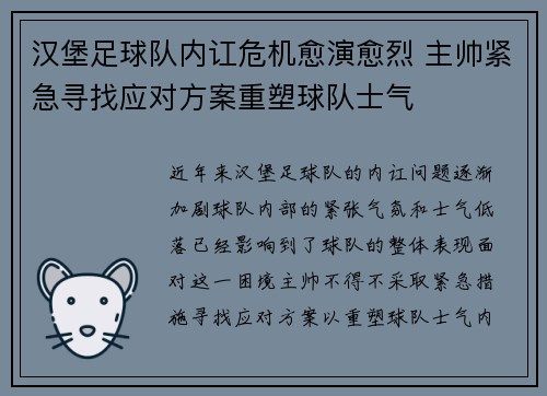 汉堡足球队内讧危机愈演愈烈 主帅紧急寻找应对方案重塑球队士气