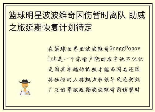 篮球明星波波维奇因伤暂时离队 助威之旅延期恢复计划待定